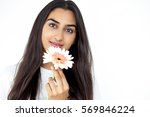 Content Pretty Indian Lady Holding Gerbera Flower