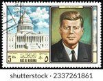 Small photo of RAS AL-KHAIMAH - CIRCA 1969: a stamp printed in Ras al-Khaimah shows John F. Kennedy (1917-1963), was an American politician who served as the 35th president of the United States, circa 1969