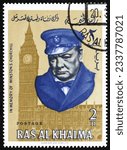 Small photo of RAS AL-KHAIMAH - CIRCA 1965: a stamp printed in Ras al-Khaimah shows Winston Churchill and Big Ben, circa 1965