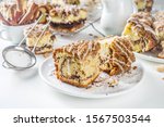 Small photo of Homemade autumn winter sweet cakes, Cinnamon-Streusel layered Coffeecake.