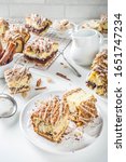 Small photo of Homemade autumn winter sweet cakes, Cinnamon-Streusel layered Coffeecake.