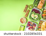 Healthy catering menu, courier food delivery lunch boxes. Beef steak meat, chicken filet , fish and vegetables in packages. Daily meal diet plan delivery , take away containers, online order concept