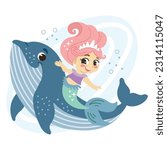 Cute cartoon pink haired mermaid ride on a friend whale. Vector cartoon isolated illustration in flat style. White background. For print, design, poster, sticker, card, decoration and t shirt design