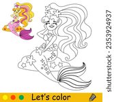 Cute and happy blonde mermaid with a pink tail. Vector cartoon black and white illustration. Kids coloring page with a color sample. For print, design, poster, sticker, card, decoration,t shirt design