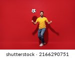 Small photo of Full size body length young bearded man football fan in yellow t-shirt support favorite team catch soccer ball clench fists isolated on plain dark red background studio portrait. Sport leisure concept