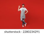 Small photo of Full body young housewife satisfied positive bachelor male housekeeper chef cook baker man wearing grey apron show ok okay gesture isolated on plain red color background studio. Cooking food concept