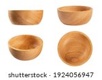 Set of brown wooden bowl isolated on white background.