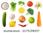 Small photo of Set of Different vegetables , carrot, broccoli, lettuce, onion, cucumber, chili, tomato, parsley isolated on white background. Flay lay , top view