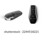 Typical wireless car key isolated on white background. Remote car key for EV vehicle.
