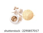 Small photo of Supplement dietary product . Garlic capsule , garlic powder, cloves of garlic isolated on white background.