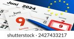 Small photo of German calendar 2024 June 9 Sunday and EU Flag Wednesday Thursday Friday Saturday Week