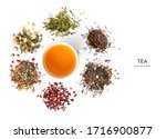 Creative layout made of cup of tea, green tea, black tea, fruit and herbal tea, sencha, ginger on white background.Flat lay. Food concept.