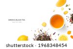 Small photo of Creative layout made of cup of black tea, curcuma, honey and lemon on a white background. Top view.