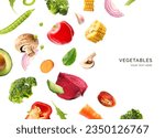 Small photo of Creative layout made of flying vegetables on the white background. Flat lay. Food concept. Macro concept of avocado, broccoli, corn, peppers, carrot, garlic, onion, beetroot, tomato, cucumber.