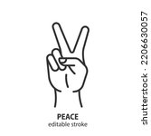 Hand gesture V line icon. Victory or peace vector symbol. No war sign. Editable stroke.