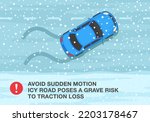 Safe car driving rules and tips. Winter season driving. Avoid sudden motion, icy road poses a grave risk to traction loss. Top view of a skidded sedan car. Flat vector illustration template.