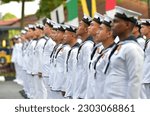 Small photo of Kuala Lumpur, Malaysia - May 15, 2023 : Royal Malaysia Navy officers marching during the 89th Malaysian Royal Navy celebration.