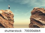 Young man on a rock in front of a chasm. This is a 3d render illustration