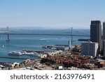 Oakland bay bridge seen from Coit Tower, San Francisco, California, USA