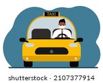 yellow city taxi car. a man in... | Shutterstock .eps vector #2107377914