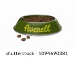 Small photo of green doggy bowl with name AVERELL of dog isolated on white