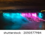 Canadian side view of Niagara Falls, American Falls at night in Niagara Falls, Ontario, Canada