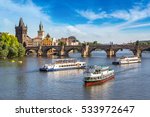 Panoramic view of Charles Bridge in Prague in a beautiful summer day, Czech Republic