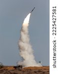 Small photo of Military training, the launch of an anti-aircraft missile to hit a flying target.
