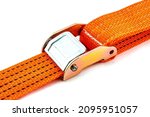 Small photo of Truck strap lock in orange nylon and metal tie isolated over white background. Ratchet straps for cargo load control. Cargo restraint strap