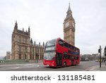 Big Ben with red double-decker in London, UK. Cityscape  shot with tilt-shift lens maintaining verticals