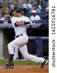 Small photo of BRONX, NY - SEP 15: New York Yankees shortstop Derek Jeter hits an rbi single against the Tampa Bay Rays on September 15, 2012 at Yankee Stadium.