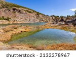 Small photo of Sunny view of the autumn landscape of Saddlebag Lake at California