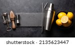 Small photo of Various cocktail utensil set. Shaker, strainer, juicer. Top view flat lay with copy space