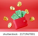 Red wallet with cash dollar bills and golden dollar coins on red background. Cash money concept, icon. 3d render. Money saving, money spending, finance, business concept