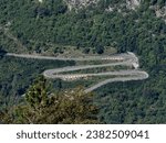 Small photo of KOTOR, MONTENEGRO - SEPTEMBER 13, 2023: Hairpin bend on the P1 Kotor to Cetinje road