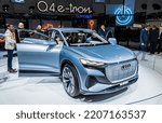 Small photo of Audi Q4 E-Tron Electric SUV car at the 89th Geneva International Motor Show. Geneva, Switzerland - March 6, 2019.