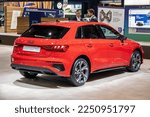 Small photo of Audi A3 Sportback TFSI-e plug-in hybrid car showcased at the Brussels Autosalon European Motor Show. Brussels, Belgium - January 13, 2023.