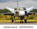 Small photo of Hungarian Air Force SAAB JAS-39 Gripen fighter jet on the tarmac of Kleine-Brogel Air Base, Belgium - September 13, 2021