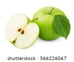 Whole ripe green apple with apple leaf and green apple half isolated on white background with clipping path