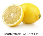 Group of ripe whole yellow lemon citrus fruit with lemon fruit half isolated on white background with clipping path