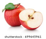 Ripe red apple fruit with apple half and green apple leaf isolated on white background. Apples and leaf with clipping path