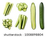Fresh whole and sliced cucumber isolated on white background. Top view