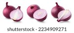 Small photo of Set of various whole and sliced red onions isolated on white background