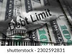 Small photo of Debt Limit newspaper headline on hundred dollar bills with cracked United States Capitol dome representing political gridlock