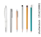 Small photo of Different pens and pensils mockup isolated on a white background, restrained shades. Drawing and writing. With shadows, easy to use for your design, mock up.