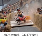 Small photo of BIDEFORD, DEVON, ENGLAND - JUNE 18 2023: Unsteady vehicle participant in the annual Soapbox Derby fun race event.