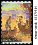 Small photo of USSR - CIRCA 1989: stamp printed in the USSR shows scene from The Deerslayer, or The First Warpath by James Fenimore Cooper, circa 1989