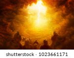 Dramatic religious background - hell realm, bright lightnings in dark red apocalyptic sky, judgement day, end of world, eternal damnation, dark scary silhouettes