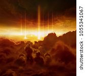 Small photo of Dramatic religious background - hell realm, bright lightnings in dark red apocalyptic sky, judgement day, end of world, eternal damnation, battle of armageddon