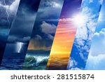 Weather forecast background - variety weather conditions, bright sun and blue sky; dark stormy sky with lightnings
